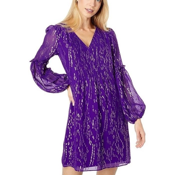 Lilly Pulitzer Cleme Silk Dress Purple Berry Fish Clip Chiffon Size 14 - Picture 3 of 11